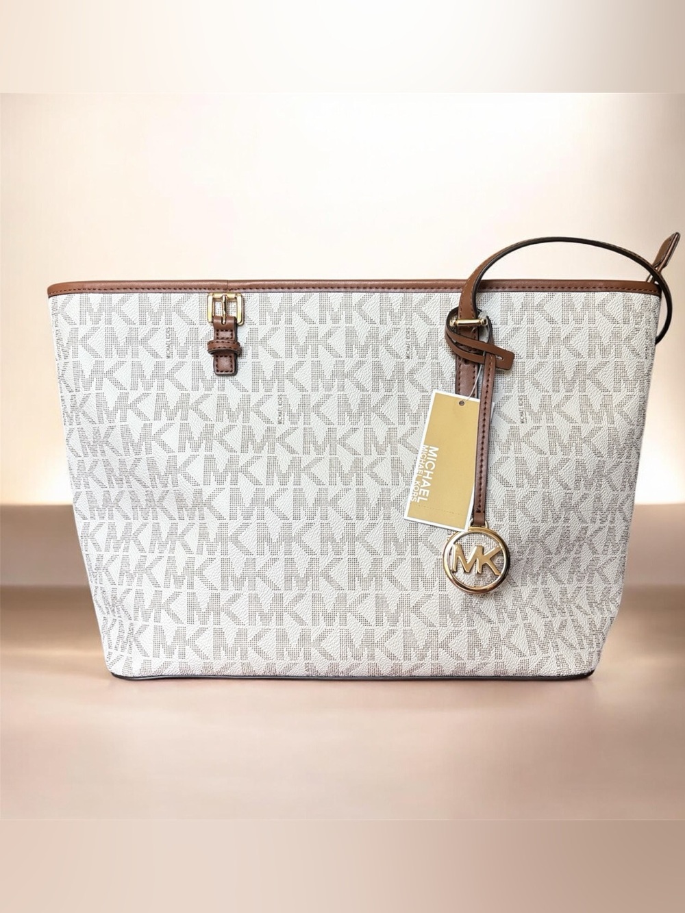 Michael Kors Cream MK Logo Tote with Brown Trim and Gold Charm